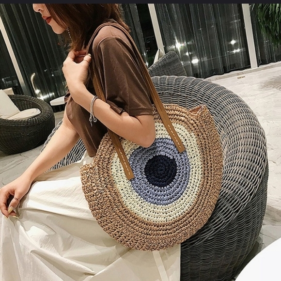 None Handbags - SALE Boho Circular Straw Rattan Crochet Shoulder Bag Tan Cream Blue